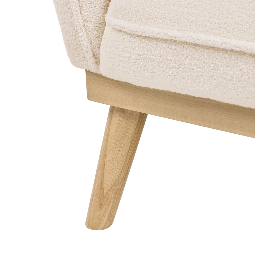 Divano a 2 posti in bouclè beige chiaro con gambe affusolate in legno, divanetto per due persone