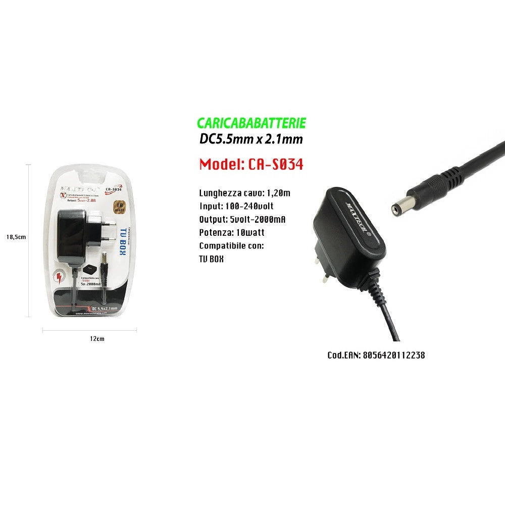 Trade Shop - Caricabatterie Alimentatore 5v 2000ma Compatibile Con Tv Box 10w Maxtech Ca-s034 -