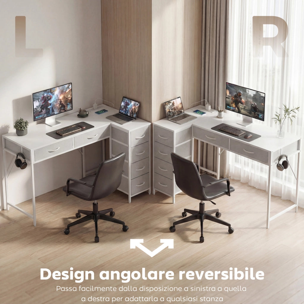 Scrivania Angolare con Cassetti in Legno e Acciaio ¨C Minimal ¨C Bianco 126x48x80
