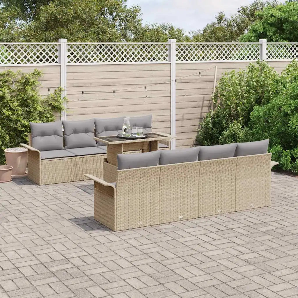 Set Divano da Giardino con cuscino 9 pcs Beige polyrattan