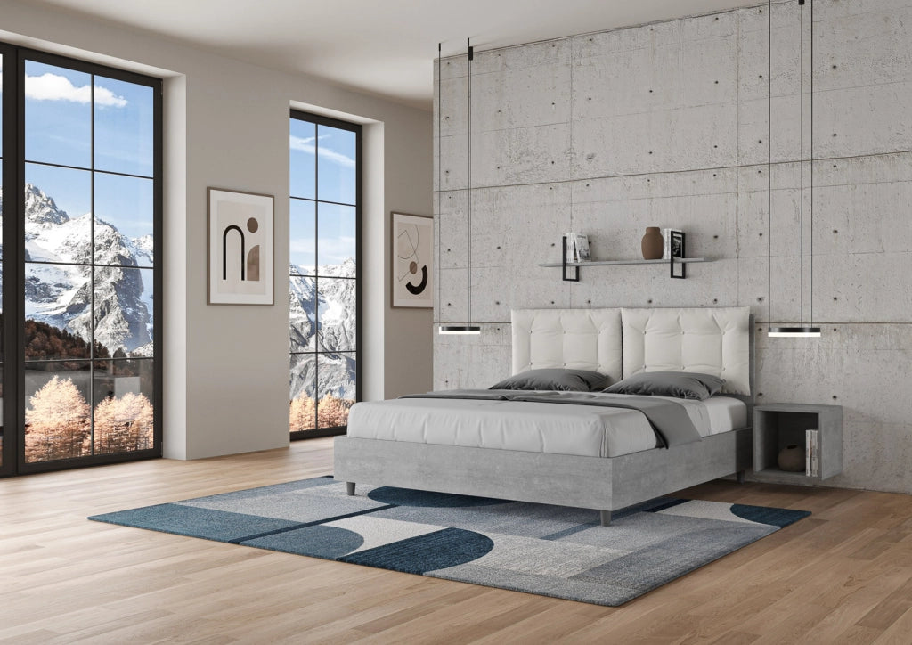 BS COM Letto matrimoniale senza rete 160x190 cemento cuscini similpelle bianco