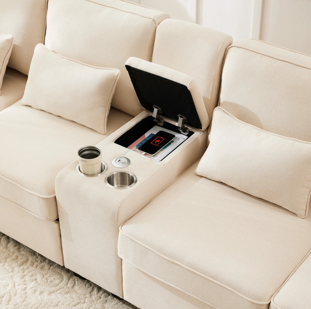 Sofa 4 posti in tessuto effetto lino beige con console; portabicchieri; USB e cuscini