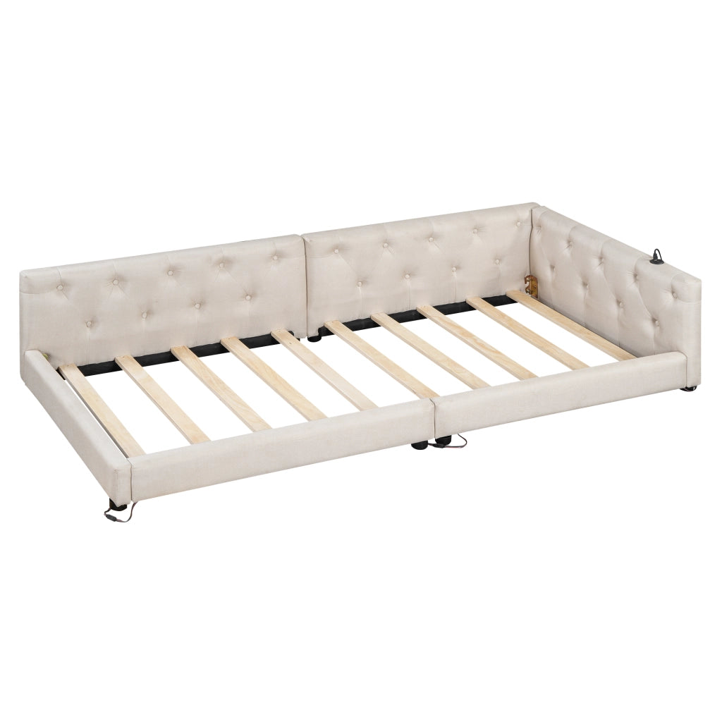 Letto divano con rete a doghe in lino beige 90x200 cm