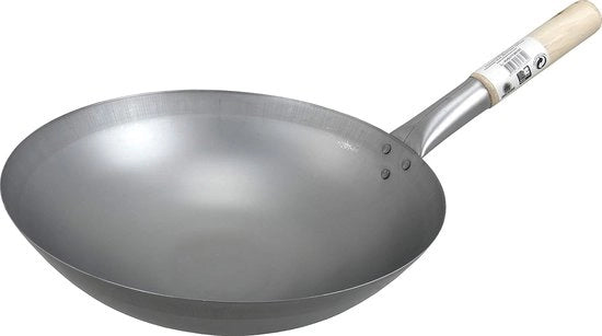 Wok in acciaio di carbonio - 33 cm di diametro - manico di legno rotondo - grigio - ideale per la cottura a fuoco lento