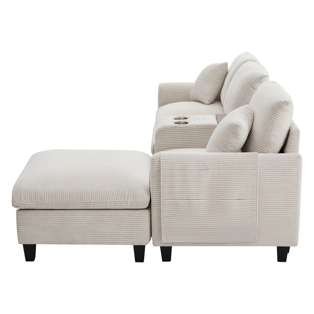 Divano angolare a L - Xylo - Velluto, console con USB, ripostiglio, beige
