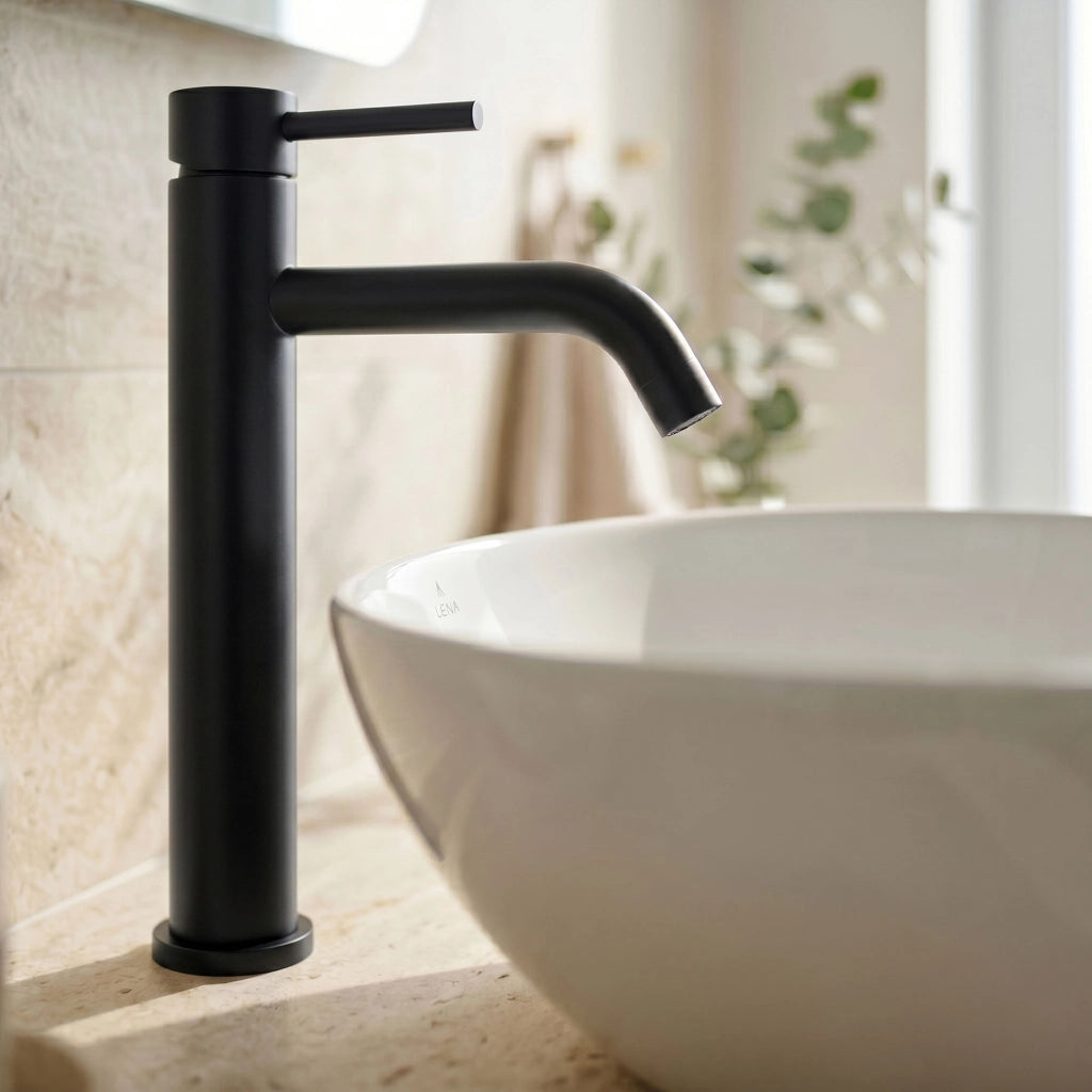 Rubinetto lavabo alto da appoggio miscelatore bagno nero VERTI