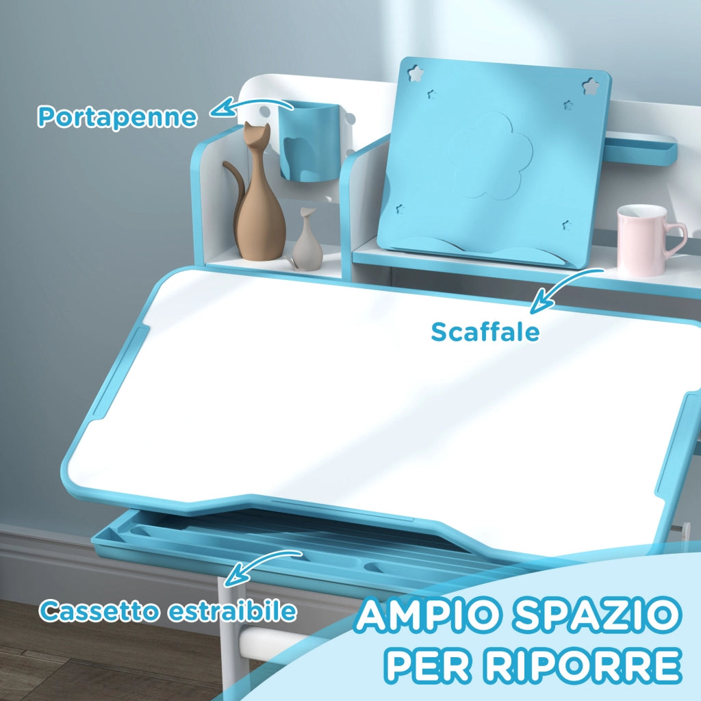 Scrivania per Bambini Regolabile con Sedia, Cassetto e Scaffale ¨C Minimal ¨C Blu