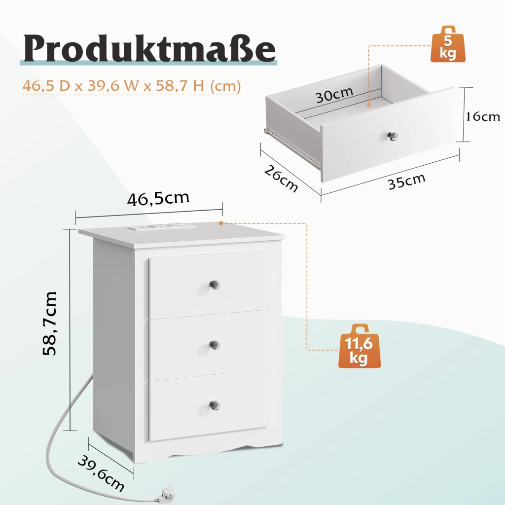 Comodino 3 Cassetti con Prese USB ¨C Zephmum ¨C Bianco 40x40x50 cm