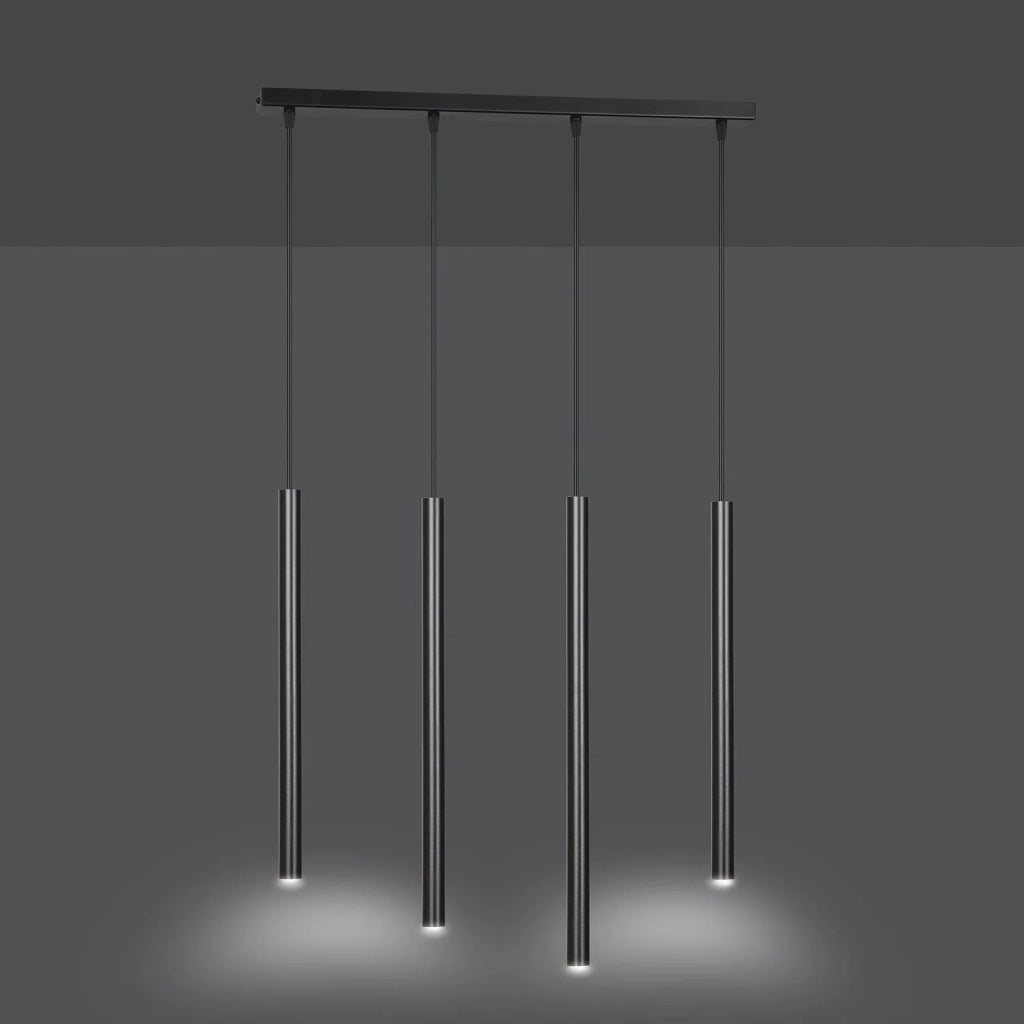 Lampadario 4 Luci Moderno Shu Acciaio Nero E Paralumi A Cilindri Sottili