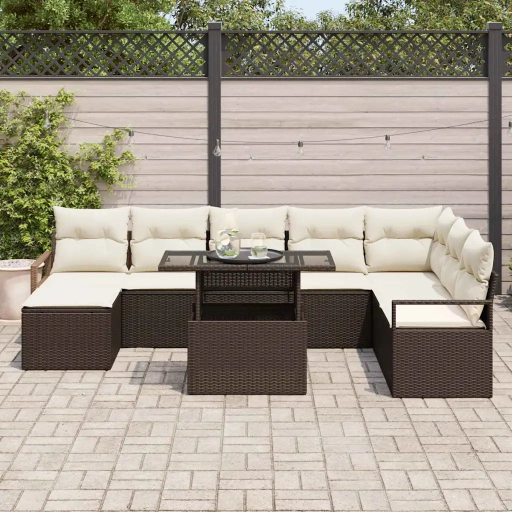 Set Divano da Giardino con cuscino 9 pcs Marrone e crema