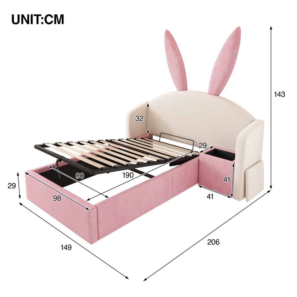 Letto Imbottito Singolo per Bambini con Contenitore e Comodino ¨C MINIMAL ¨C Velluto Beige Rosa 90x190