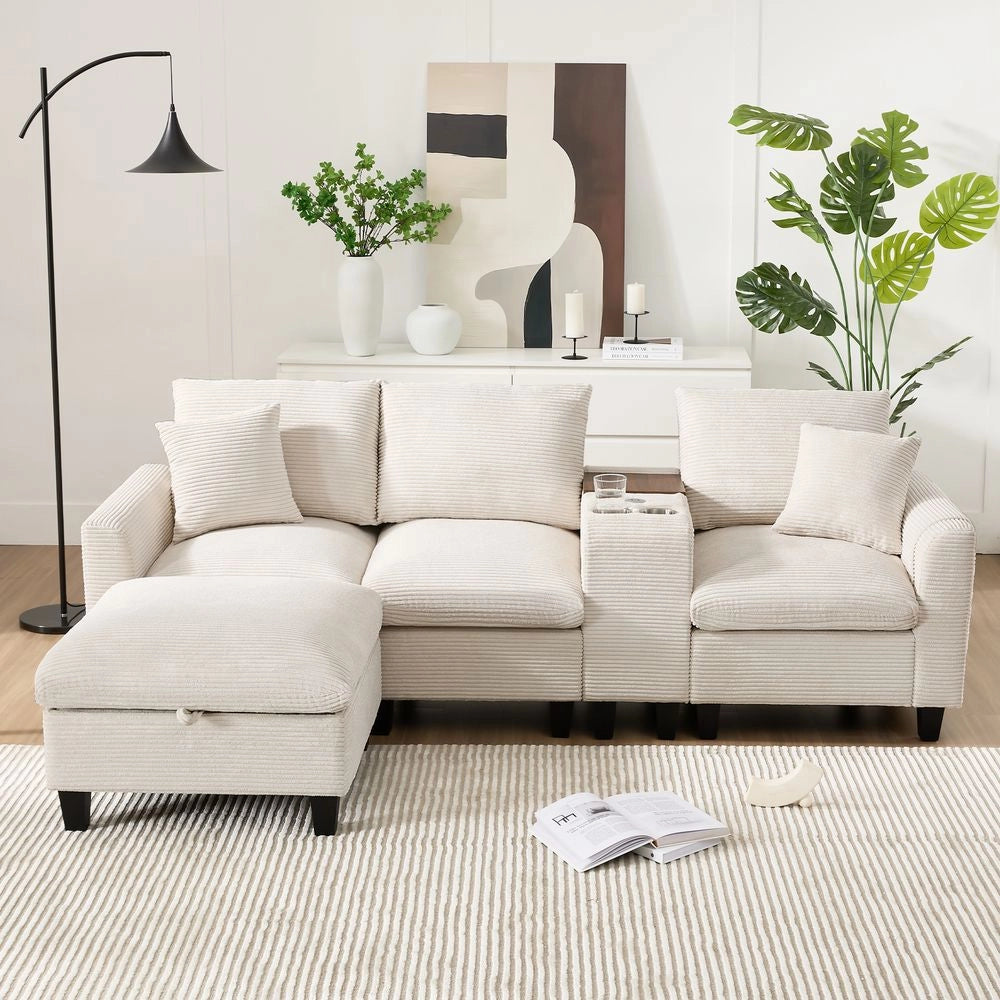 Divano angolare a L - Xylo - Velluto, console con USB, ripostiglio, beige