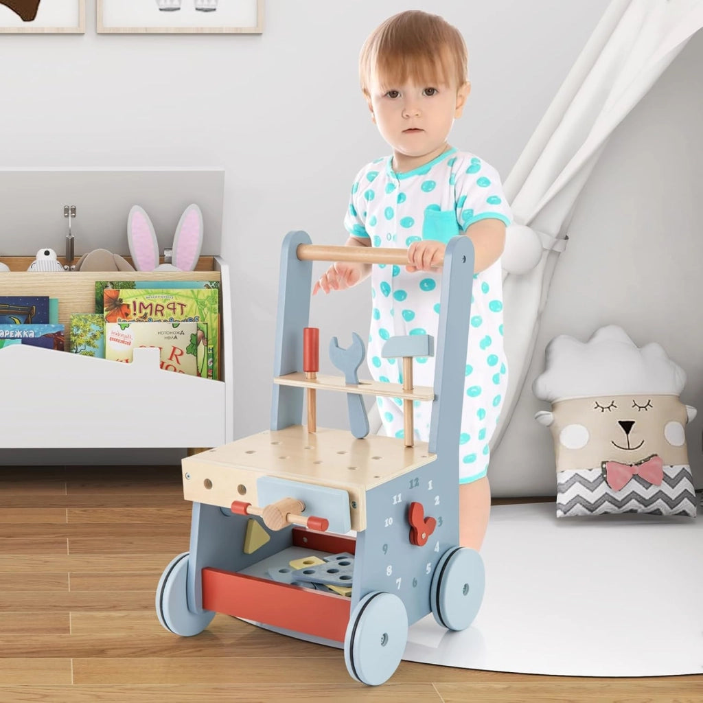 2-in-1 Girello Neonato in Legno, Camminatore con Giocattoli e Attrezzi, Primi Passi per Bambini con Montessori, Carrello Primi Passi con Ruote, con Banco da Lavoro, per Bambini 3+ Mesi