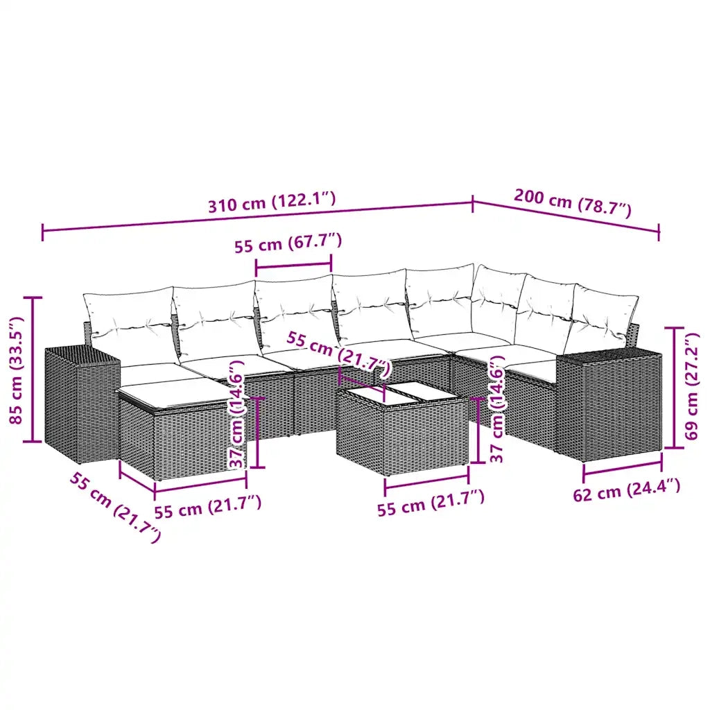 Set Divano da Giardino 9pz con Cuscini Grigio Chiaro Polyrattan 3222971