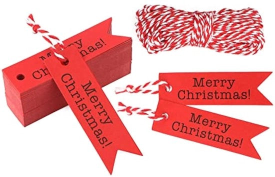 100 etichette di Natale in cartoncino, 7 x 2 cm, per decorazioni natalizie, plus 10 metri di nastro rosso e bianco a strisce.