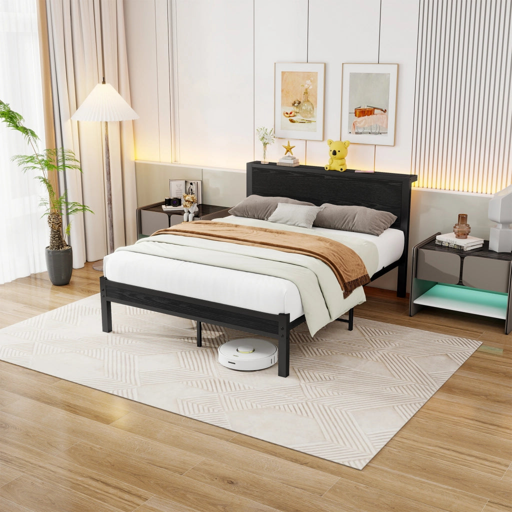 LETTO Singolo 120x200 cm con testiera, MDF e metallo, Nero