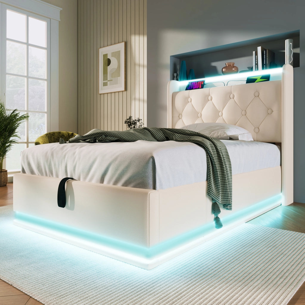 DESMIU Letto singolo 90 × 200 cm con contenitore, LED, USB e Type-C, con materasso, in PU, bianco