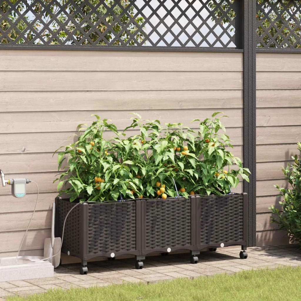 Vaso da Giardino con Irrigazione e Ruote 3 pz Marrone PP 3423081