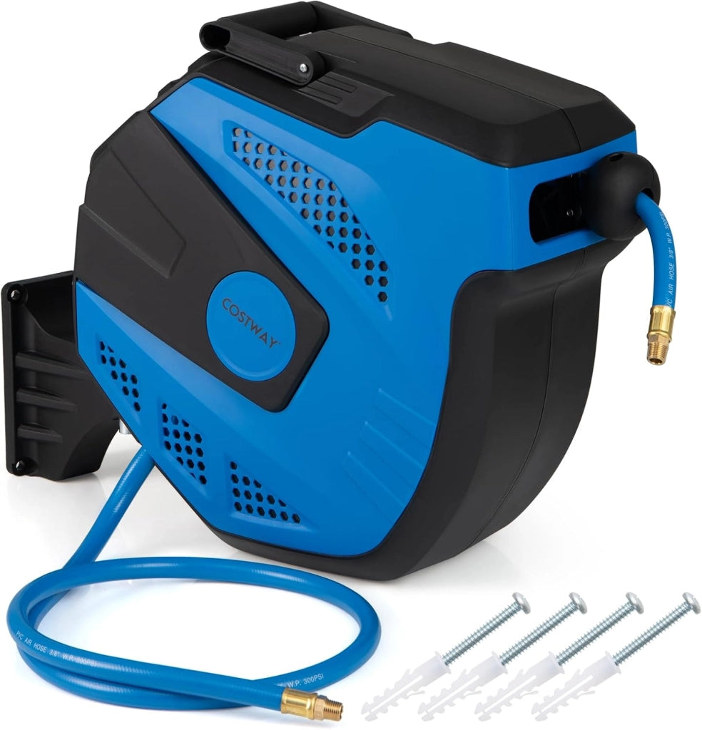Avvolgitubo Aria Compressa da Parete, Tubo Aria Ibrido da 15 M con Tubo di Alimentazione da 1,5 M, Supporto Girevole a 180°, Avvolgitubo Automatico Retrattile per Garage e Officina