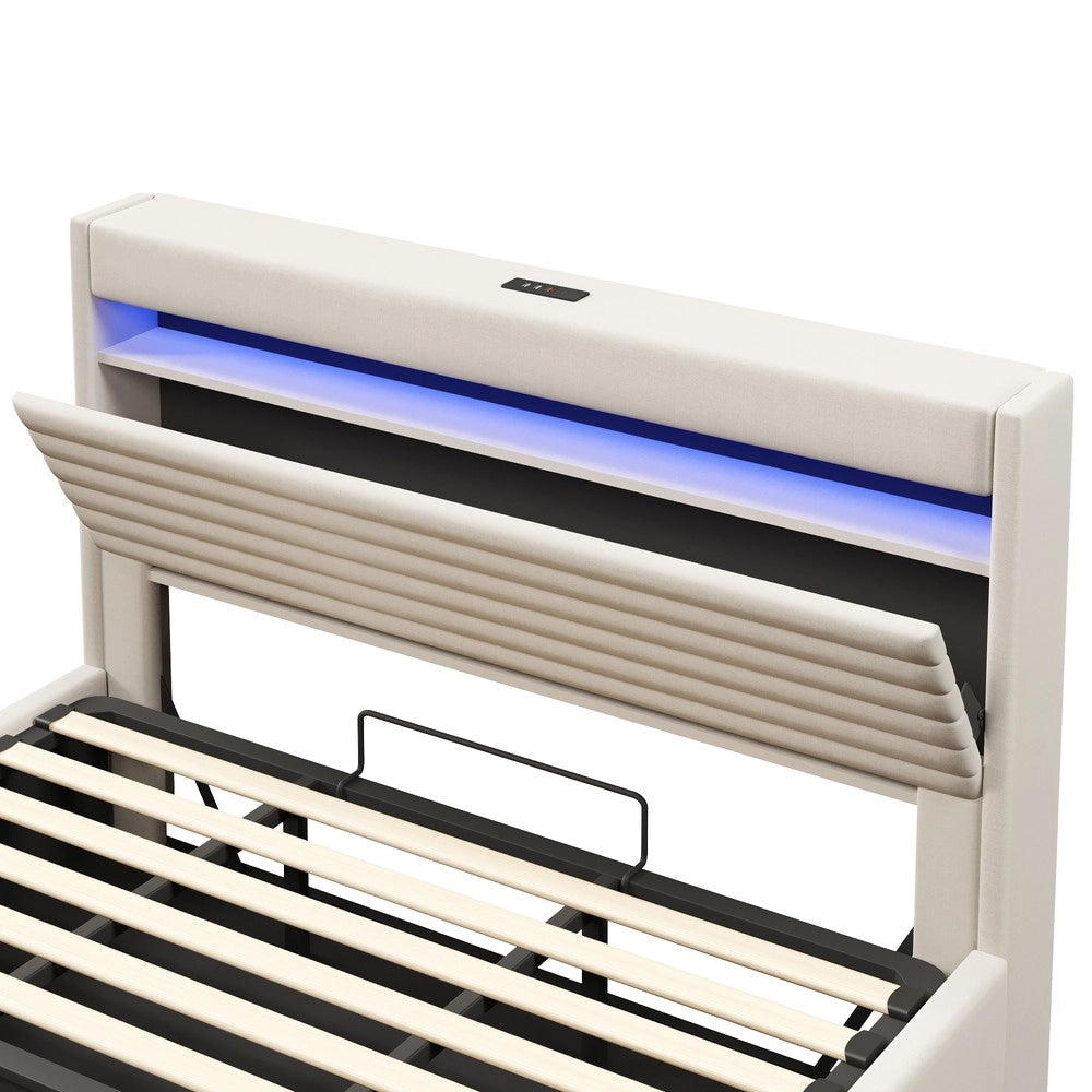 Letto Imbottito Contenitore con LED e USB ¨C MINIMAL ¨C Matrimoniale 180x200, Tessuto Beige