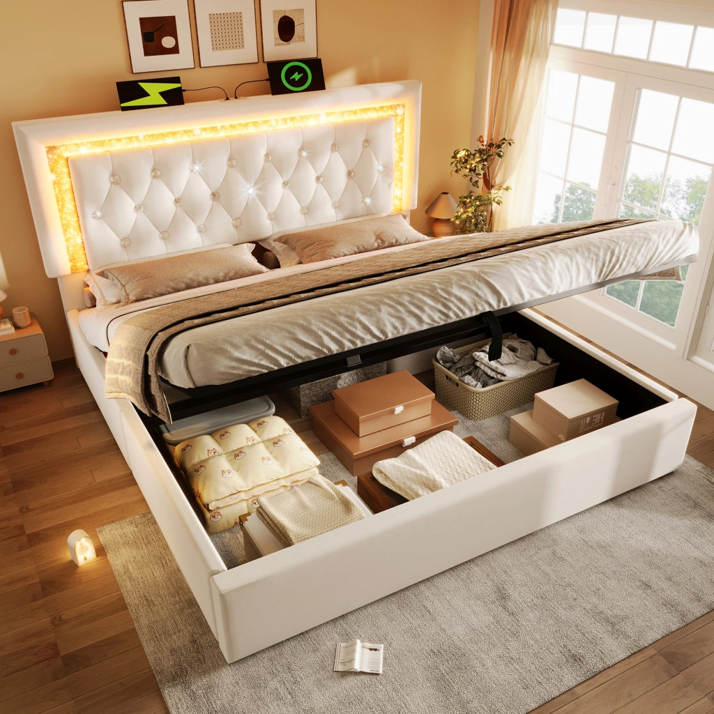 Letto Contenitore 140x200 cm; Letto Matrimoniale con USB; Type-C e LED - Beige
