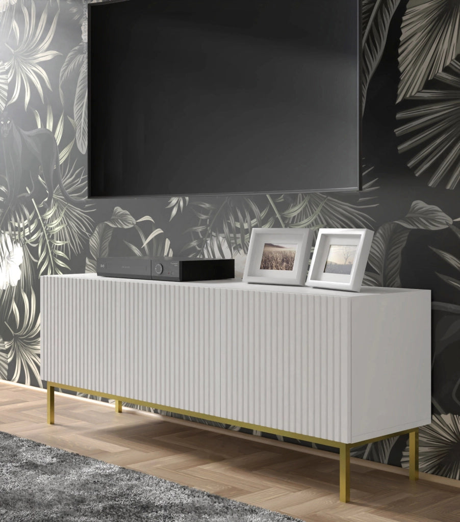 MOBILE RAVENNA B PORTA TV IN MDF RIVESTITO IN FOGLIO 3D 150 BIANCO OPACO STRUTTURA ORO