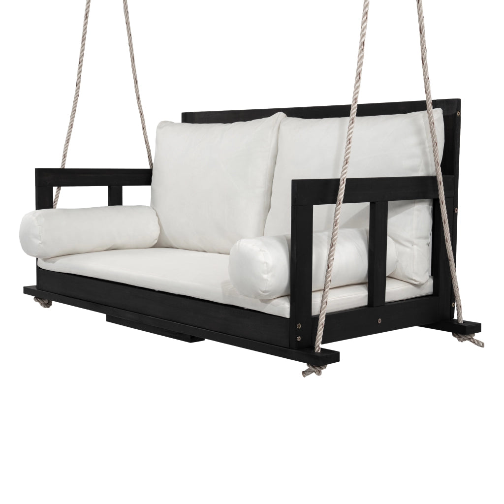 Altalena doppia altalena sospeso per il giardino esterno inclusi cuscini e due corde telaio non incluso. Il cuscino è rimovibile e lavabile. Realizzato in legno di acacia nero+beige