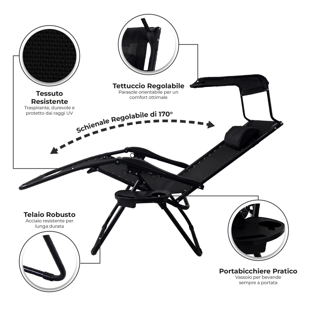 Sedia Sdraio 0 Gravità Pieghevole Professionale con Tettuccio Parasole e Poggiapiedi in Acciaio e Textilene – Reclinabile con Cuscino e Porta Bevande, Ideale per Giardino, Piscina e Campeggio Nero