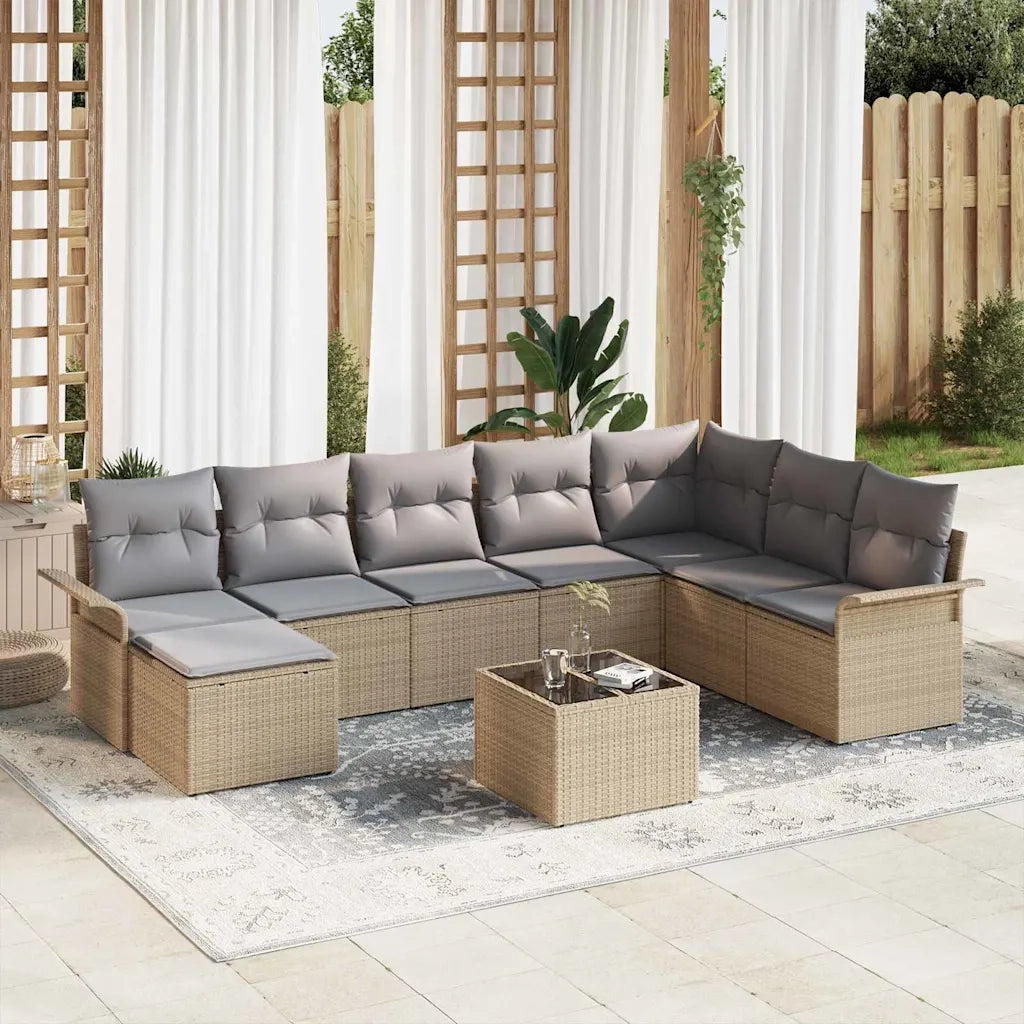 Set Divano da Giardino con cuscino 9 pcs Beige polyrattan