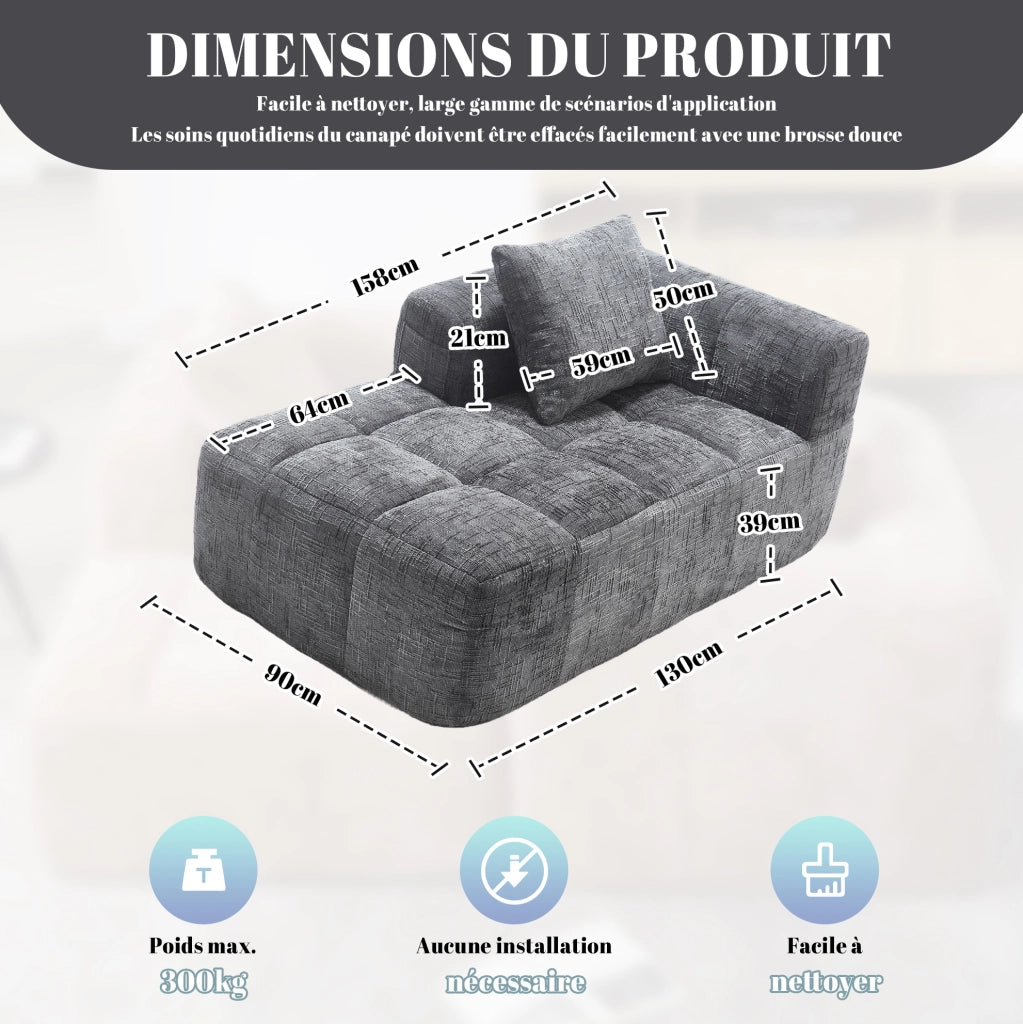 Divano chaise longue 158x90x60 cm con tasche laterali e cuscino in chenille grigio