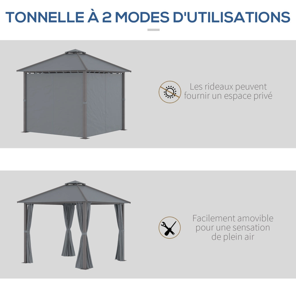 Gazebo da giardino 3x3m con 4 pareti laterali doppio tetto protezione solare ¨C Xylo ¨C Grigio