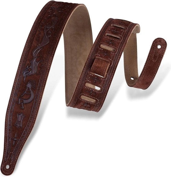 Cinturone per chitarra in pelle suede 2,5" con design Kokopelli - Nero