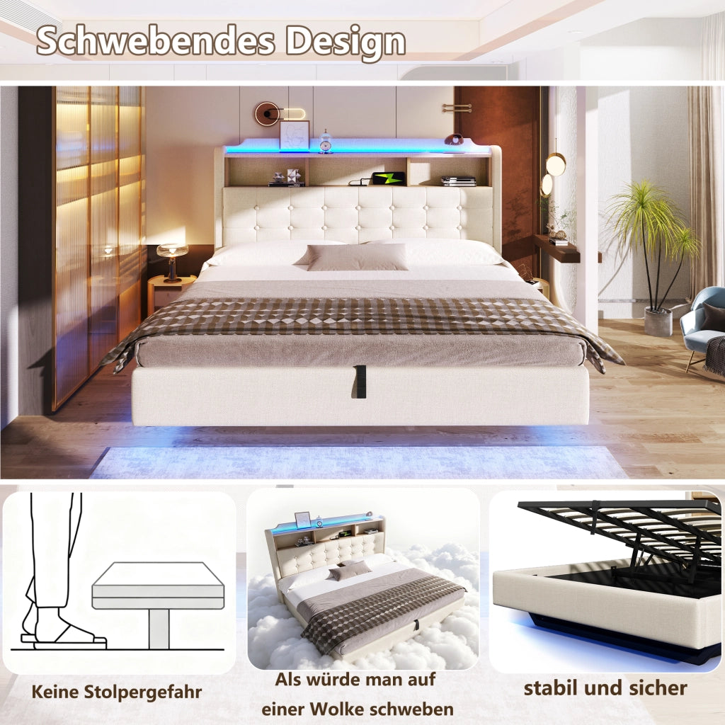 LETTO Imbottito 180x200 cm in lino beige con LED, USB e vano idraulico