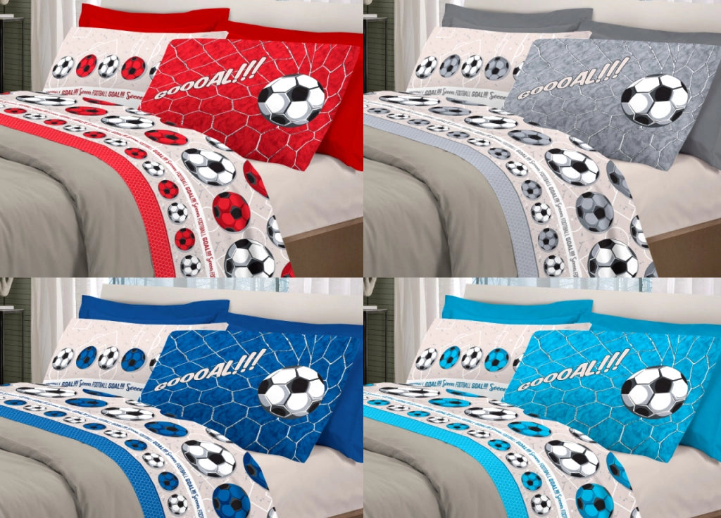 Completo Lenzuola Linea Pensieri Delicati 100% Cotone Disegno Calcio - Piazza E Mezza - Blu