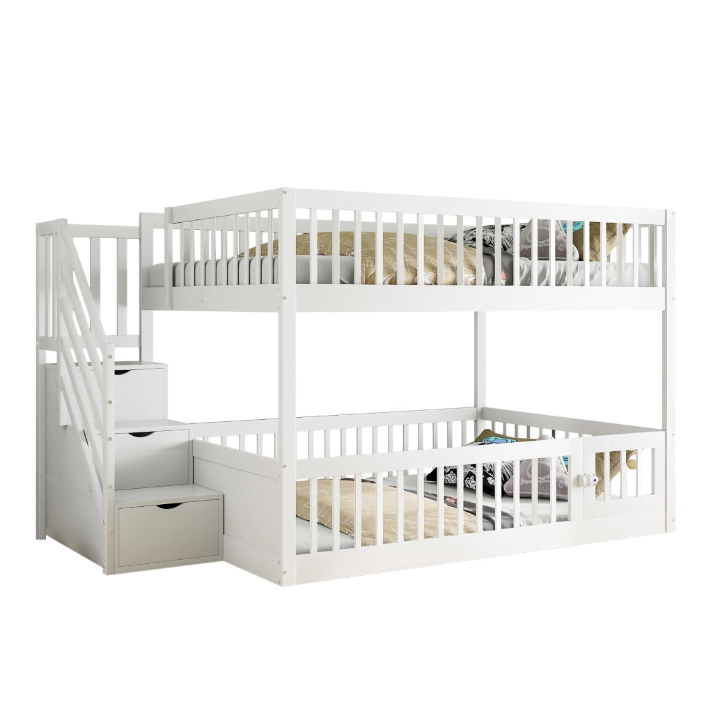 LETTO a castello 140x200 cm in legno bianco con scala e cassetti