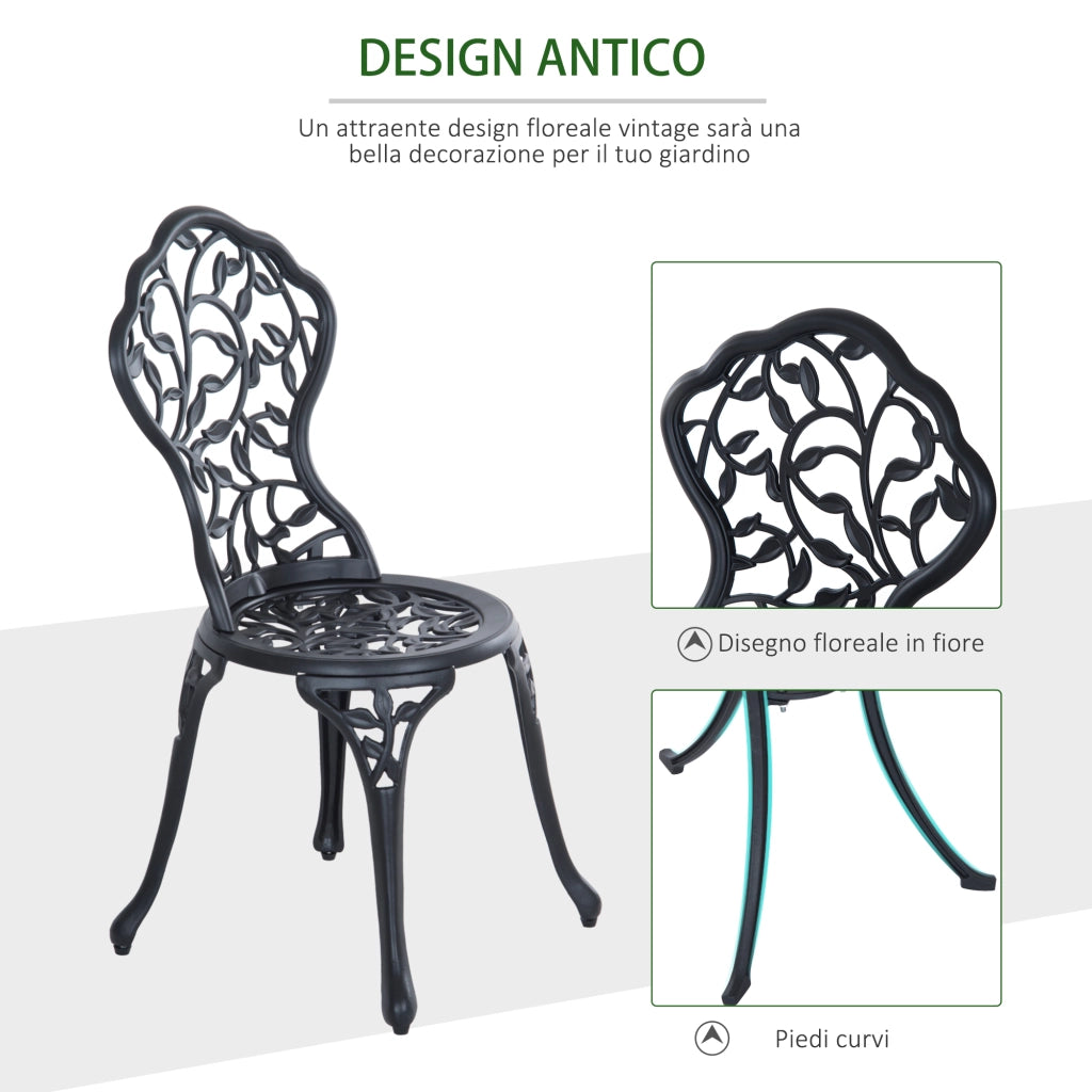 Set da Giardino 3 Pezzi con 2 Sedie da Esterno e Tavolo Rotondo in Alluminio, Nero