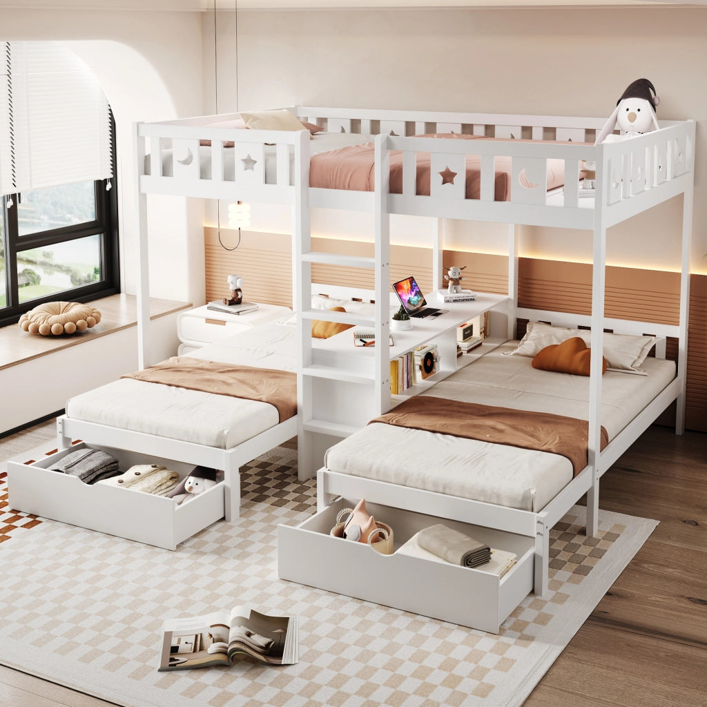 Letto a castello con scala e vano contenitore legno bianco 140x200 cm