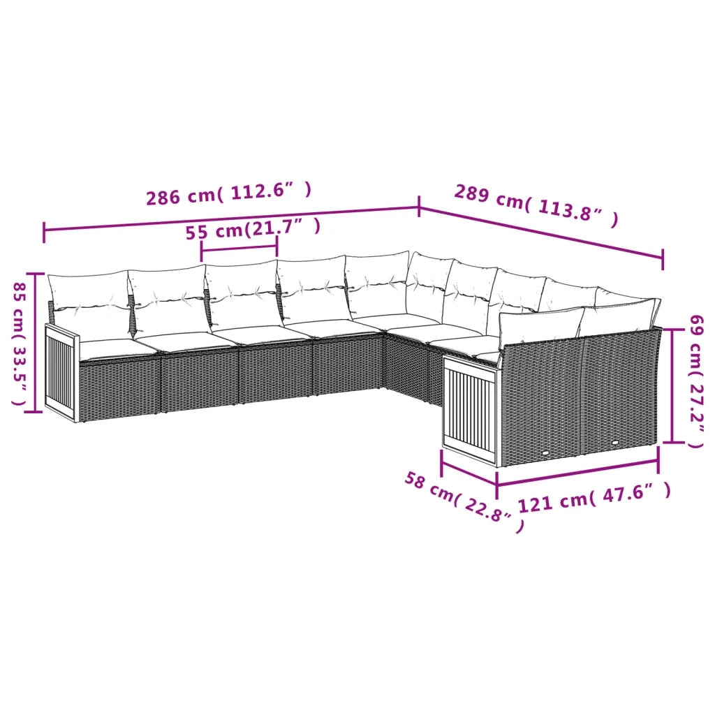 Set Divani da Giardino 10pz con Cuscini in Polyrattan Nero 3228029