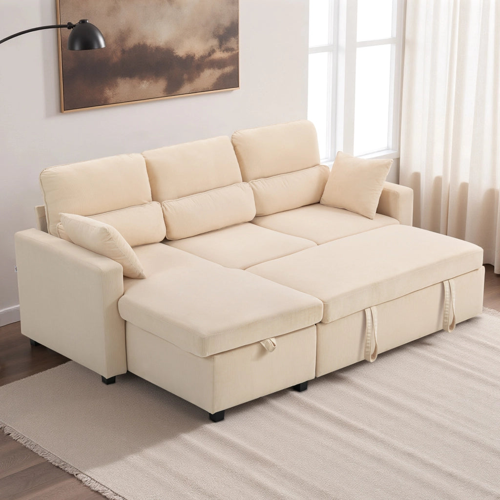 Divano letto con contenitore ¨C Xylo ¨C tessuto beige con cuscini