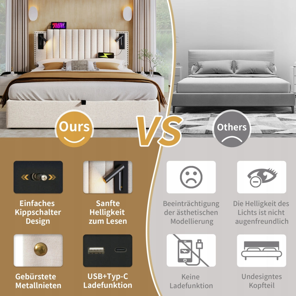 Letto imbottito con contenitore e luce - Xylo - 180x200 - Beige