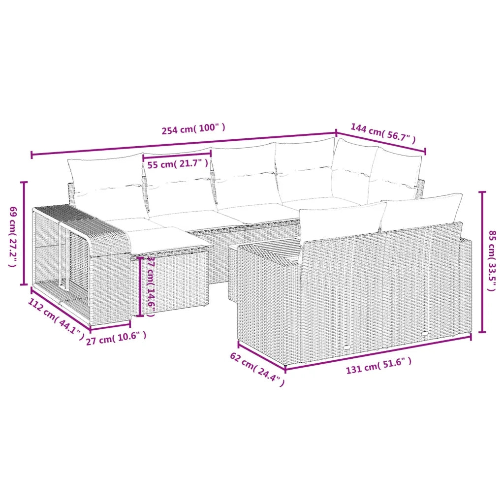 Set Divani da Giardino 11 pz con Cuscini in Polyrattan Nero