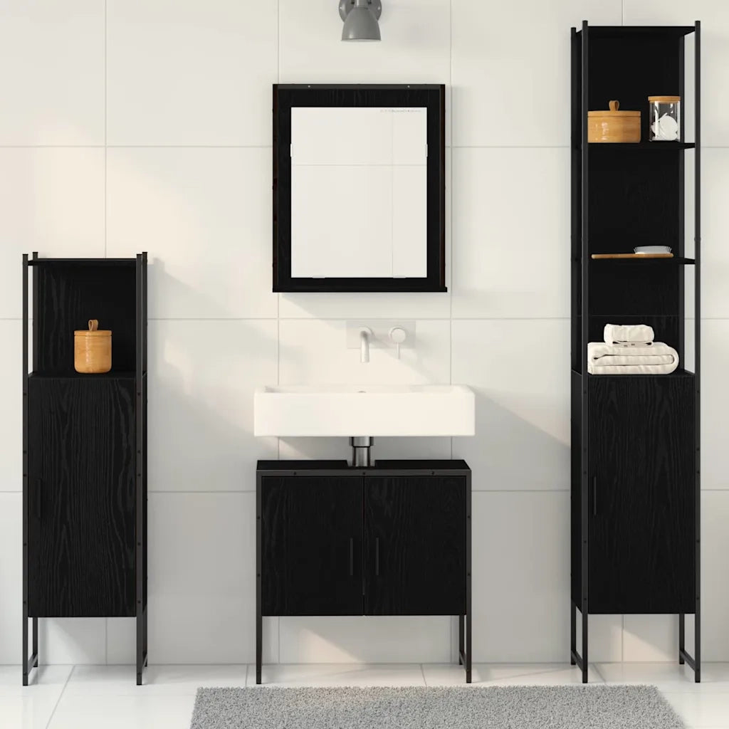 Set di mobili per il Bagno | Armadio da bagno 4 pz Nero Legno multistrato