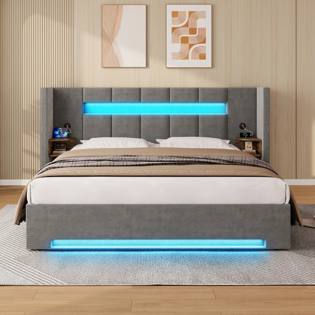 LETTO Contenitore 160x200 cm in velluto grigio scuro con USB e LED