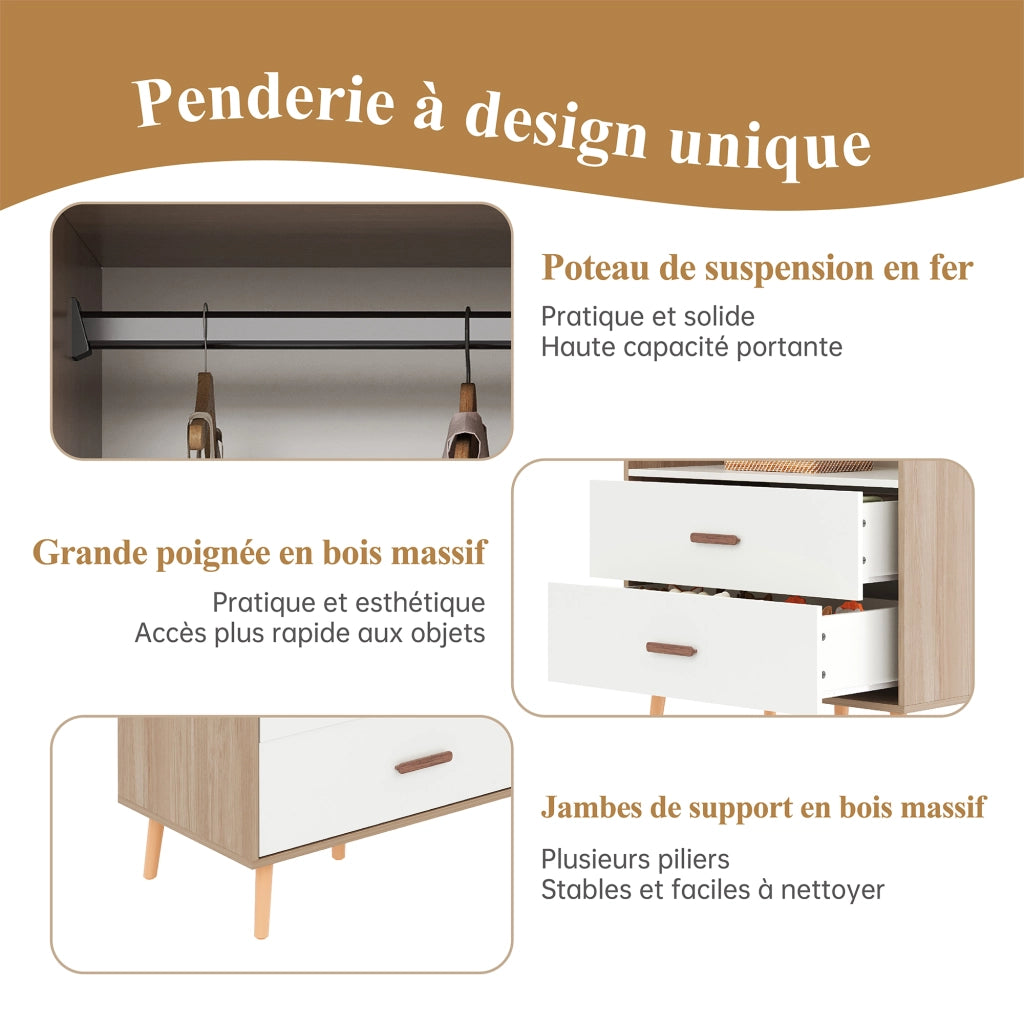 Armadio modulare aperto con barra appendiabiti e 2 cassetti; piedi in legno per camera da letto; 80×46×141.5 cm