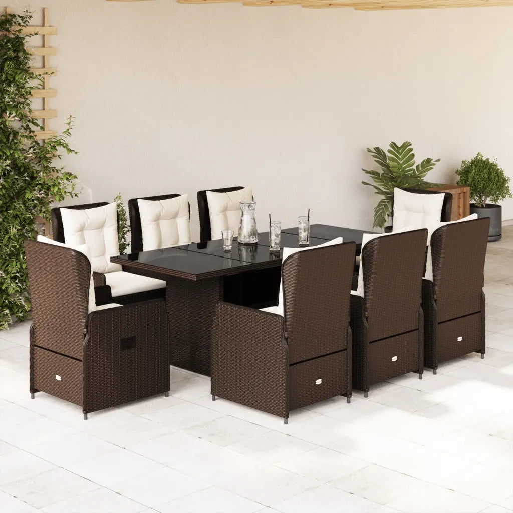 Set da Pranzo da Giardino 9pz con Cuscini Marrone in Polyrattan