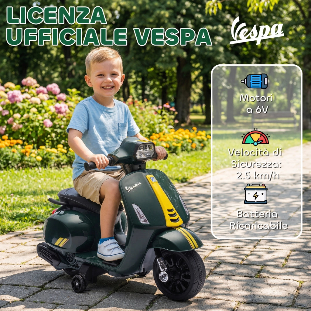 Moto Elettrica Vespa con Licenza ¨C Xylo ¨C Batteria 6V, Luci LED, Verde Scuro, 2-4 Anni