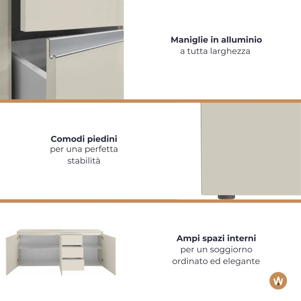 WHOUS Credenza Magic 3 ante e 3 cassetti centrali cashmere 200x40x80 cm