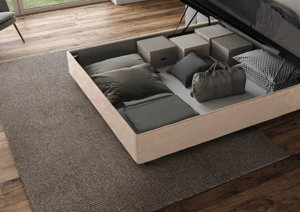 BS COM Letto matrimoniale francese contenitore imbottito 140x210 microfibra sabbia