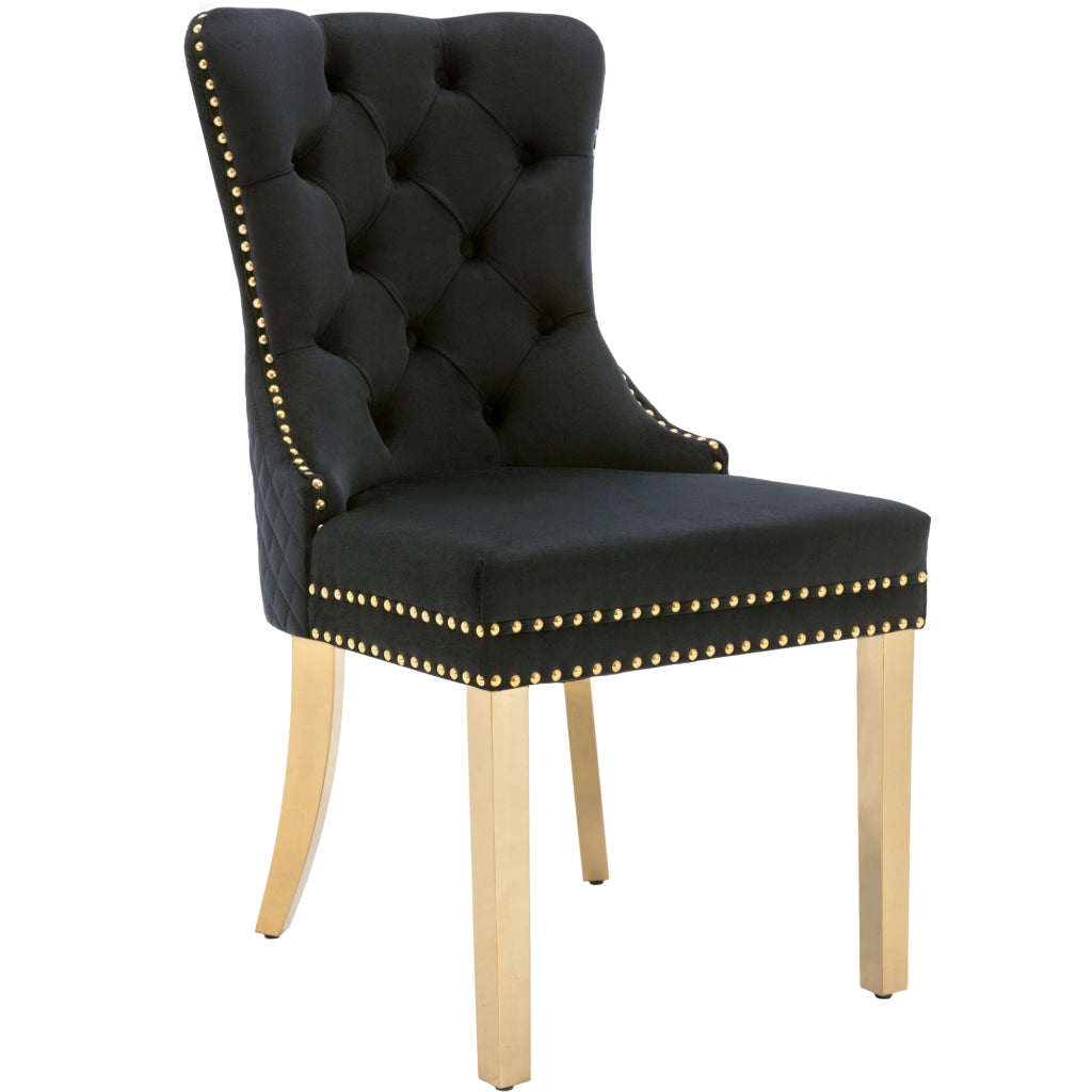 Sedia da Pranzo Imbottita in Velluto ¨C Xylo ¨C Nero/Oro, Schienale con Anello, Gambe in Acciaio Dorato, Set 6