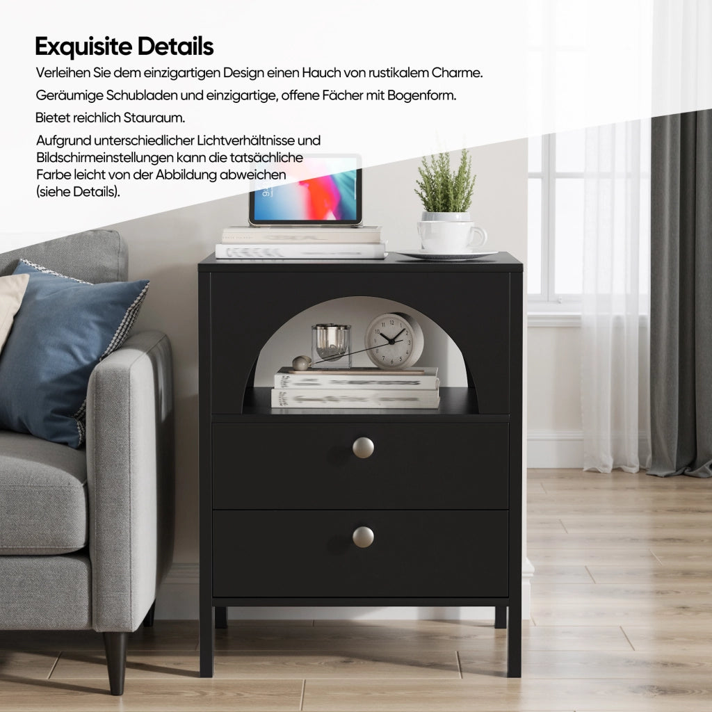 COMODINO moderno 45 x 40 x 58 cm nero con 2 cassetti e 1 vano aperto